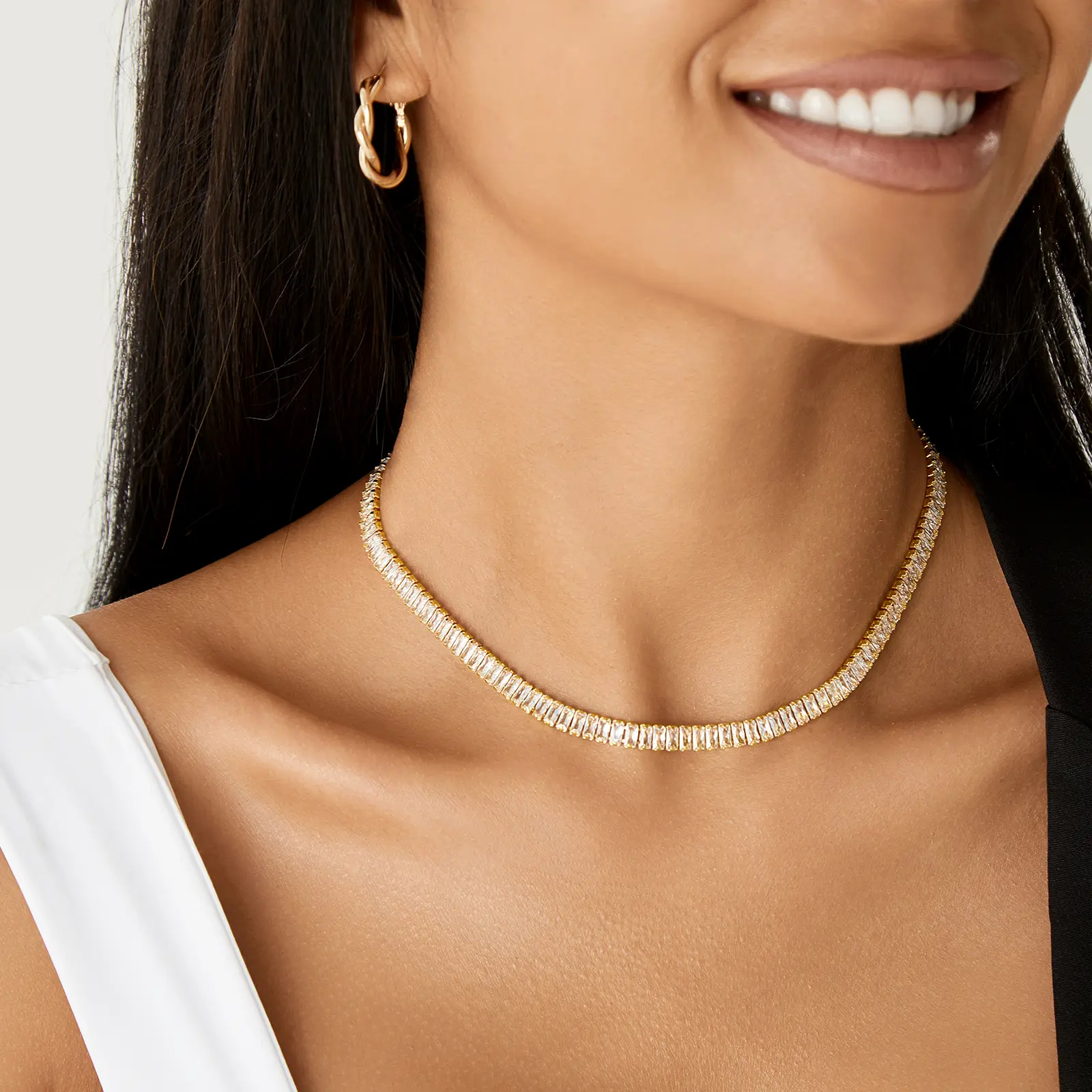 KISSYAN Diamond Tennis Necklace for Women, 14K/White Gold Plated Cubic Zirconia Baguette Tennis Chain Chunky Paperclip Link Cuban Choker Necklace Dainty Jewelry Gifts