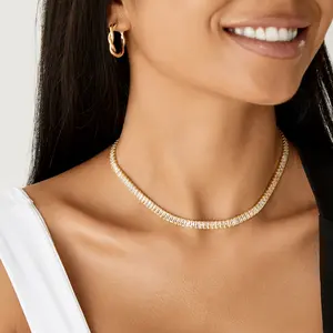 KISSYAN Diamond Tennis Necklace for Women, 14K/White Gold Plated Cubic Zirconia Baguette Tennis Chain Chunky Paperclip Link Cuban Choker Necklace Dainty Jewelry Gifts