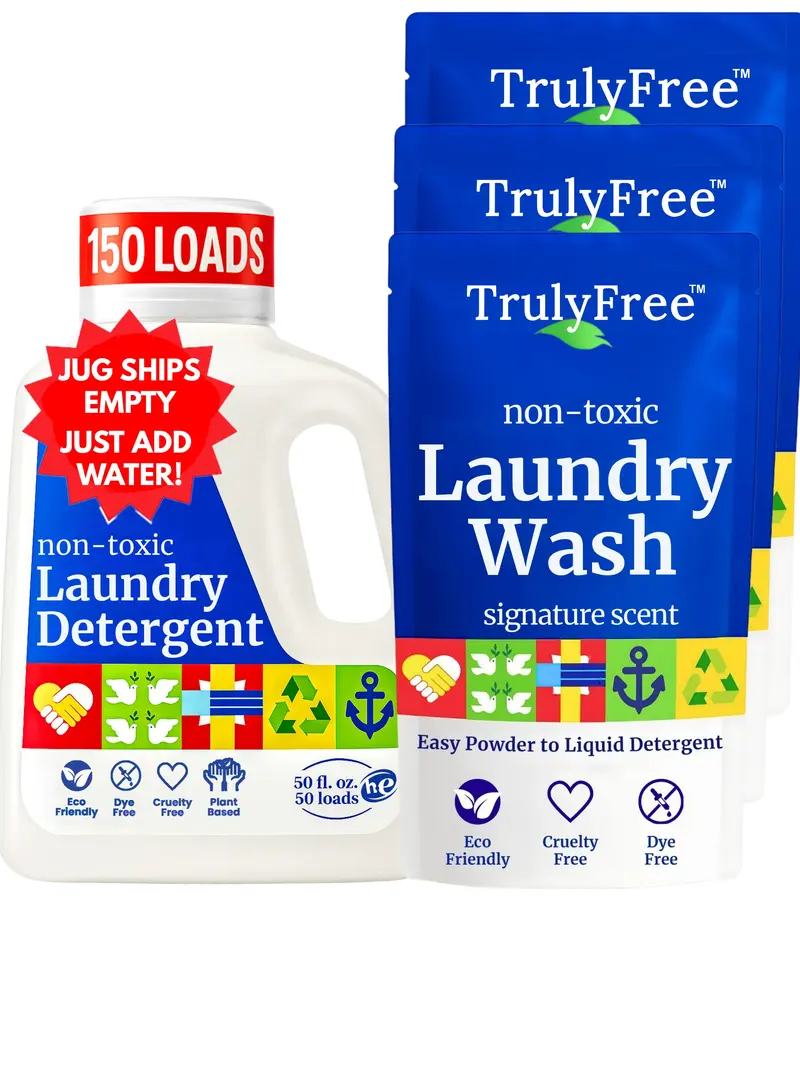Truly Free Non-Toxic Laundry Detergent - Lavender & Eucalyptus - Sensitive Skin & Baby Safe - Eco Kit: Empty Jug + 3 Concentrate Pouches (Just Add Water) - 150 Loads