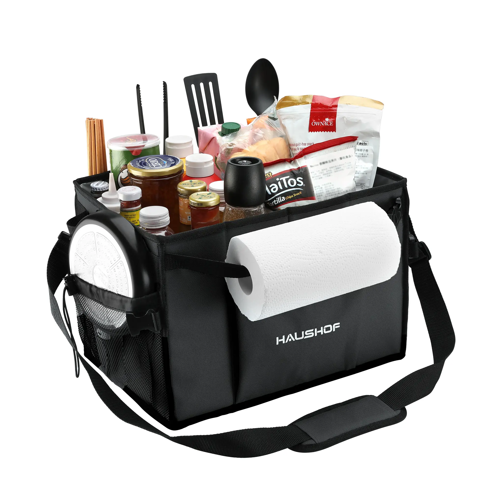 #summersale HAUSHOF Large Grill and Picnic Caddy with Paper Towel Holder, Condiment Pocket, Foldable BBQ Organizer Easy Carry Griddle Caddy for Camping, RV, Outdoor Waterproof Oxford Cloth (Black)