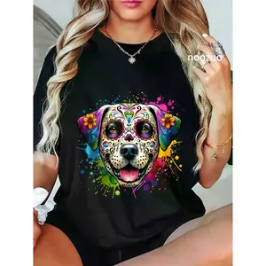100% Cotton Unisex Sugar Skull Dog Dia De Los Muertos T-Shirt for Men Women