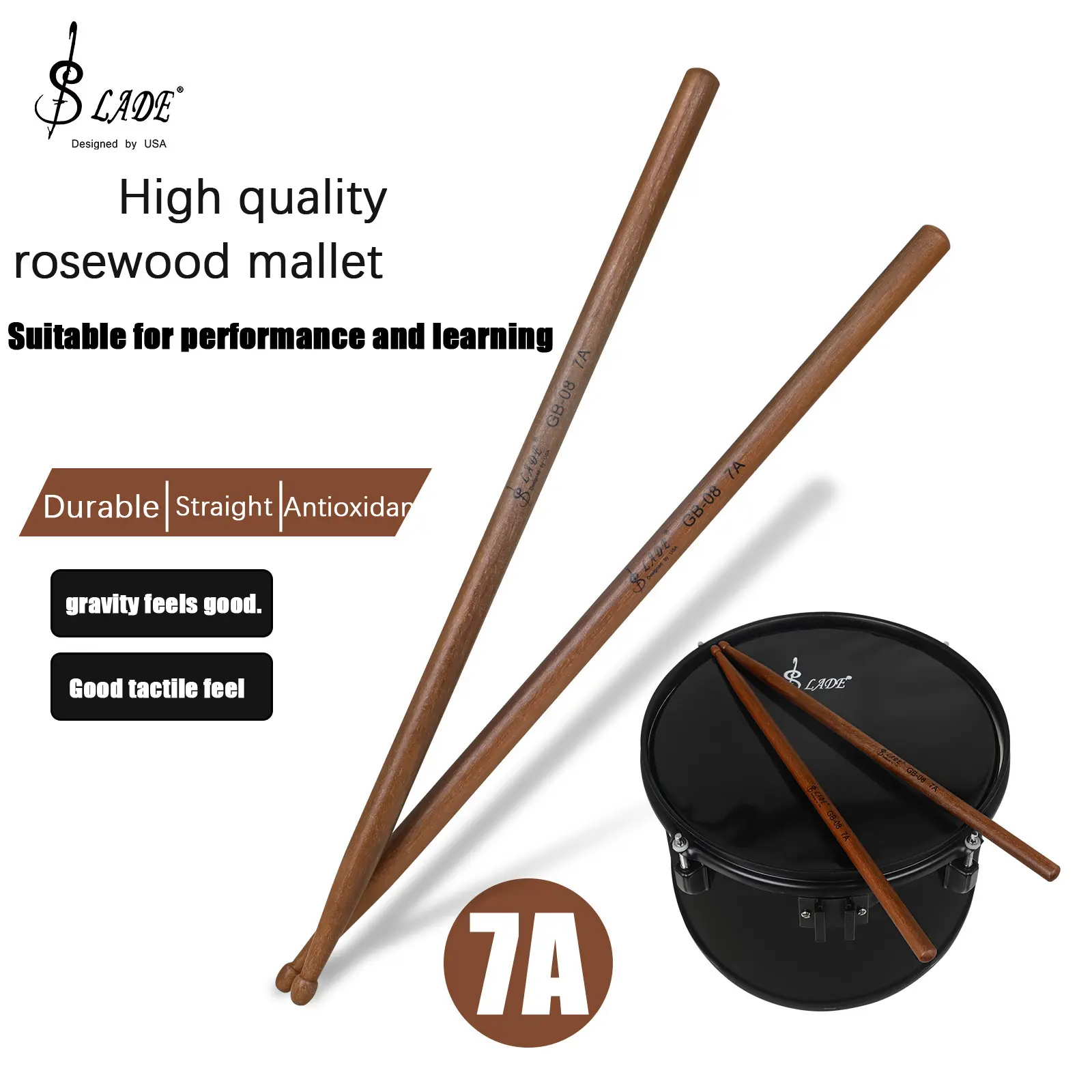 Slade Gb-08 Rosewood Jazz Drum Kit, Includes 7a/5a Drumsticks, Professional Percussion Set for Band Performances & Practice