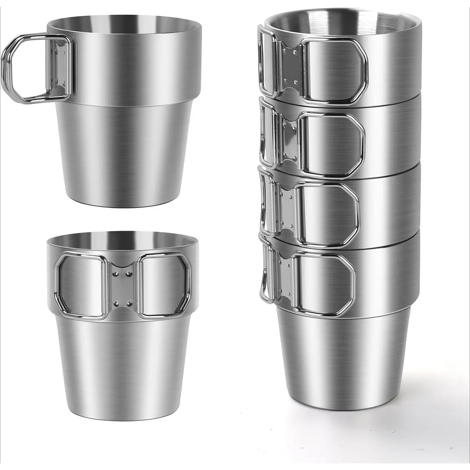 4-Pack Stainless Steel Camping Mugs, Sleek 10 oz Double Wall Insulated Cups with Foldable Handles for Compact Pack, Hiking, Campfire & Fishing, 10 Oz Cup, Collapsible, Campfire / Bbq Party, Heat Insulating, 10Oz, Double Walls