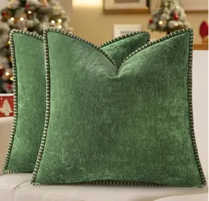 decorUhome Christmas Chenille Soft Throw Pillow Covers 18x18 Set of 2, Farmhouse Velvet Neutral Decorative Euro Fall Pillow Covers with Stitched Edge for Couch Sofa Bed Home Decor, Forest Elf
