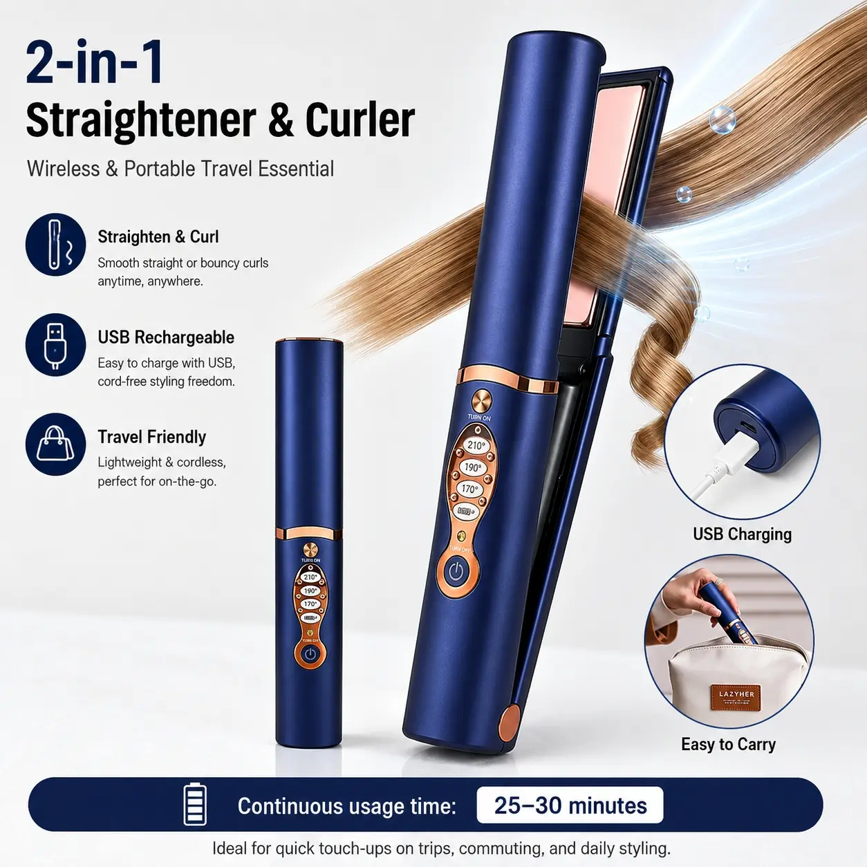AnaEra Cordless Mini Titanium Flat Iron Straightener - 2-in-1 Hair Styling Tool for Straightening & Curls, 5000mAh Wireless, Fast Heating Up to 210°C/410°F, Travel Essential, Women's Gift