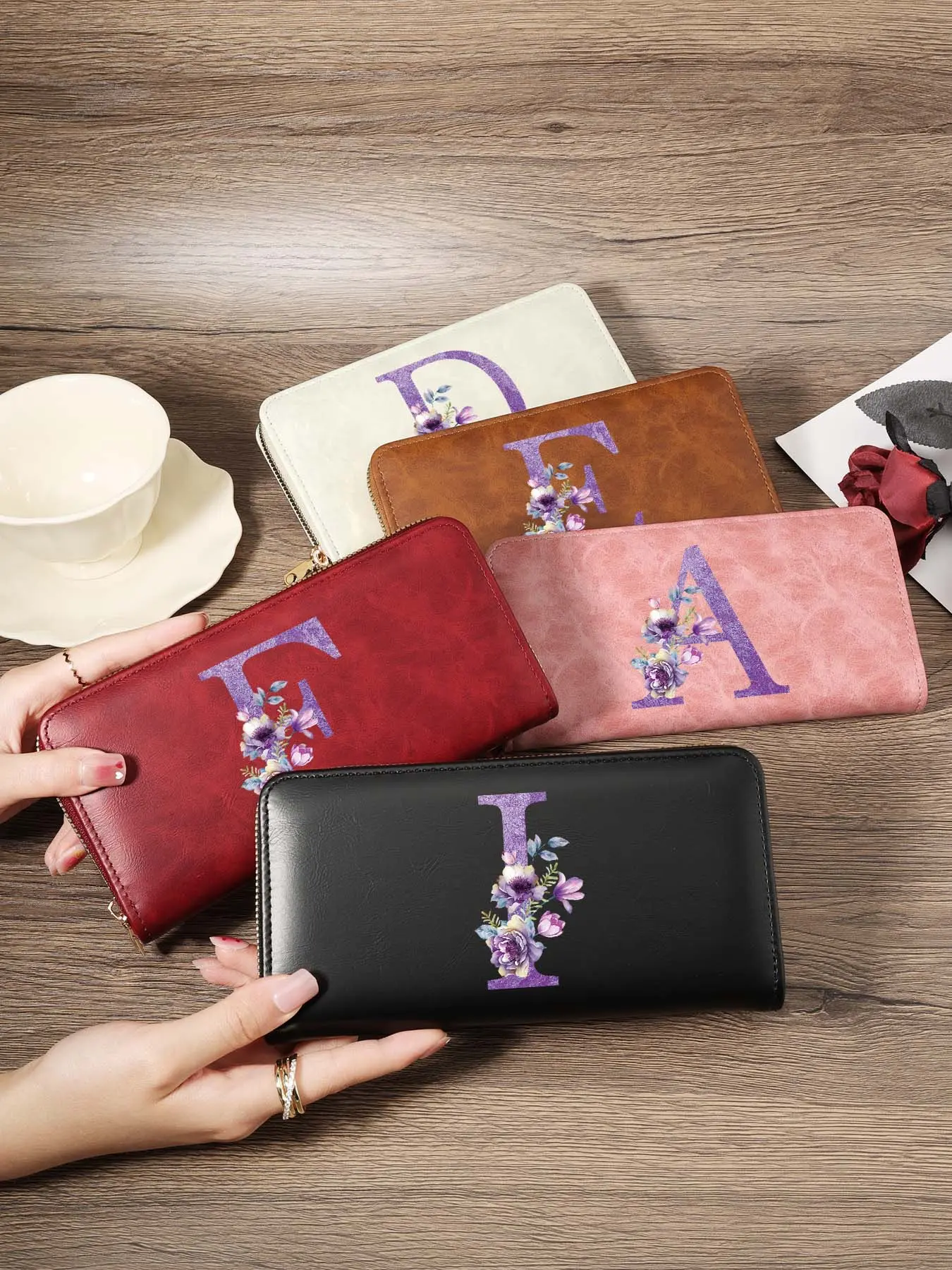 Classic Initial Floral Long Zipper Wallet, Practical Large Capacity Monogram Clutch Bag Wear-Resistant Multi-Slot Pocket for Women Daily Use & Travel