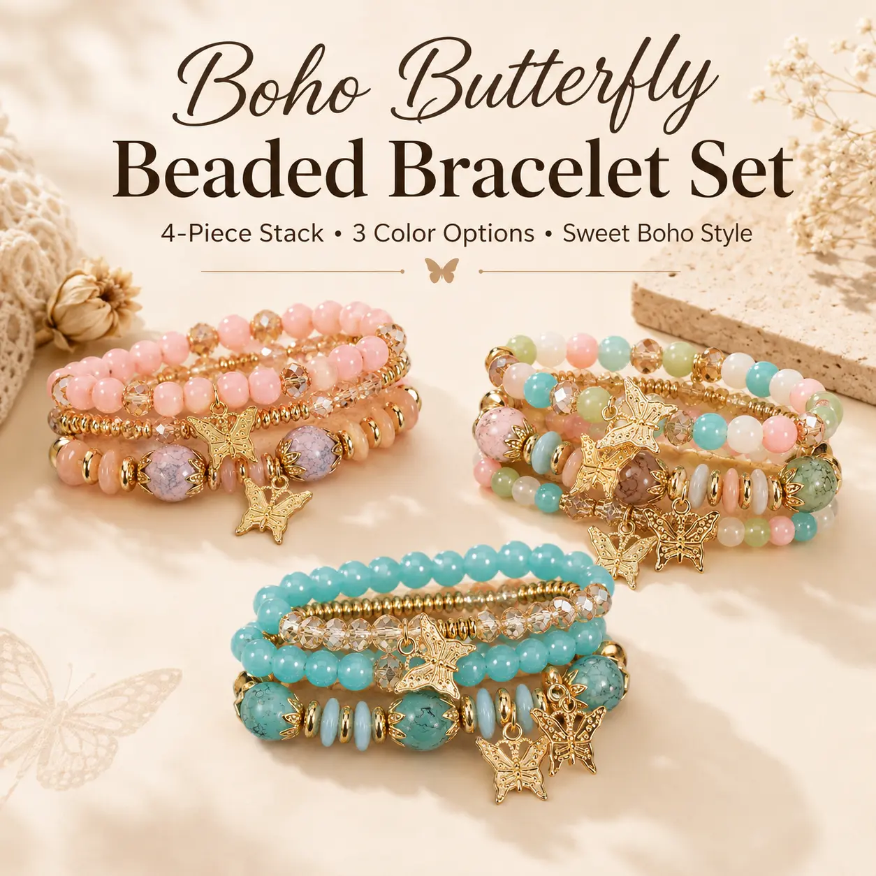 Women's Boho Butterfly 4-Piece Bracelet Set - Stackable Pink Pastel-Turquoise Beaded Stretch-Fit Alloy Jewelry with Gold-Tone Charms, Layered-Look Summer Birthday Gift
