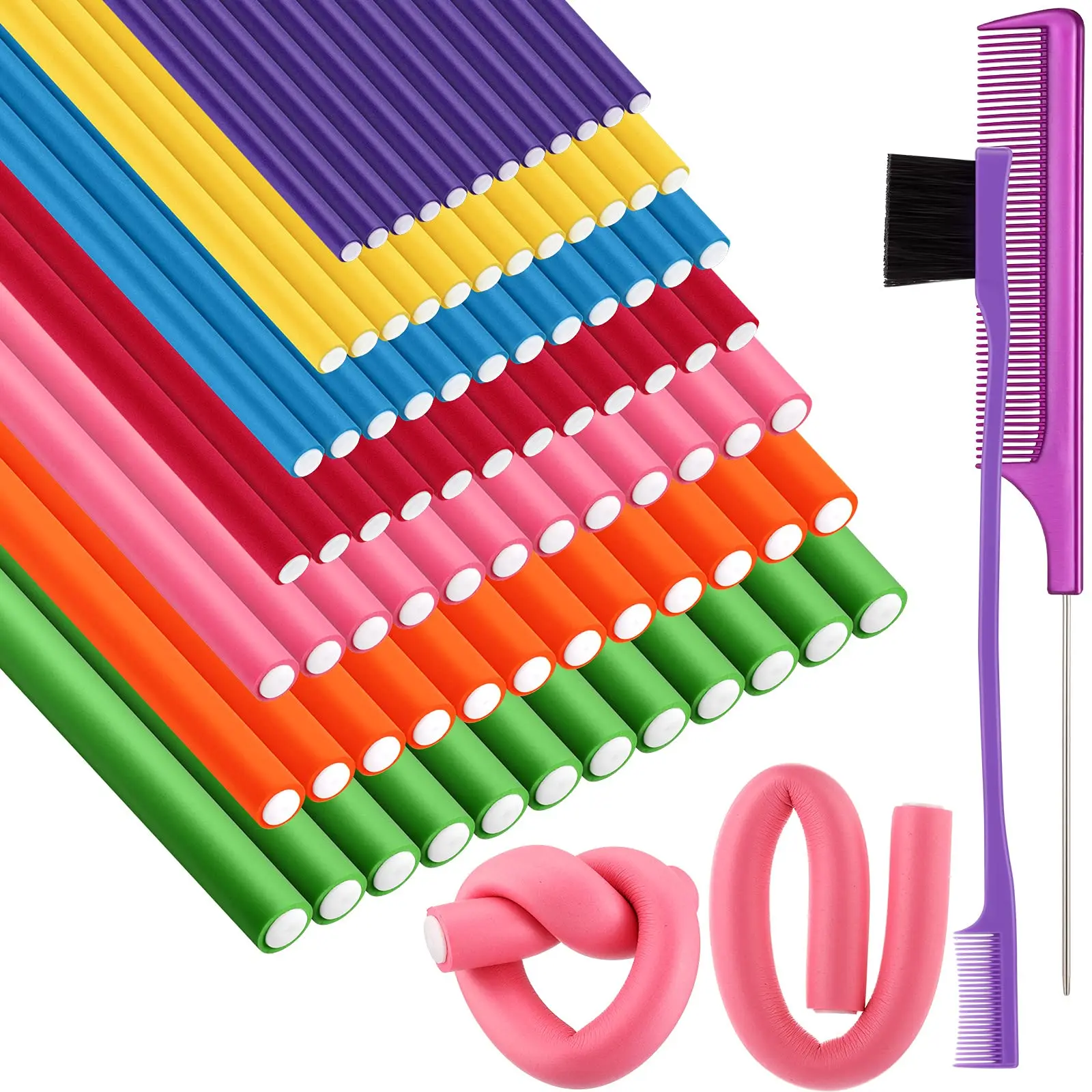 84 Pieces Flexible Curling Rods Twist Foam Hair Rollers Soft Bendy No Heat With Rat Tail Comb Edge Brush For Short Medium Long  7 Sizes(purple)