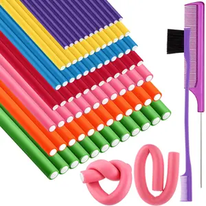 84 Pieces Flexible Curling Rods Twist Foam Hair Rollers Soft Bendy No Heat With Rat Tail Comb Edge Brush For Short Medium Long  7 Sizes(purple)