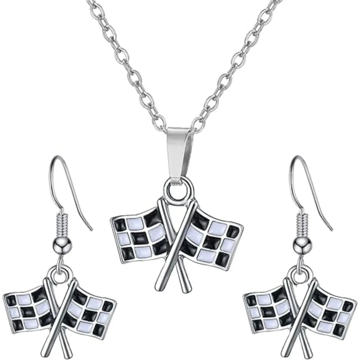 2PCS Checkered Flag Jewelry Set – Black & White Racing Earrings and Necklace for Women & Racing Fans