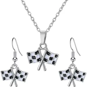 2PCS Checkered Flag Jewelry Set – Black & White Racing Earrings and Necklace for Women & Racing Fans