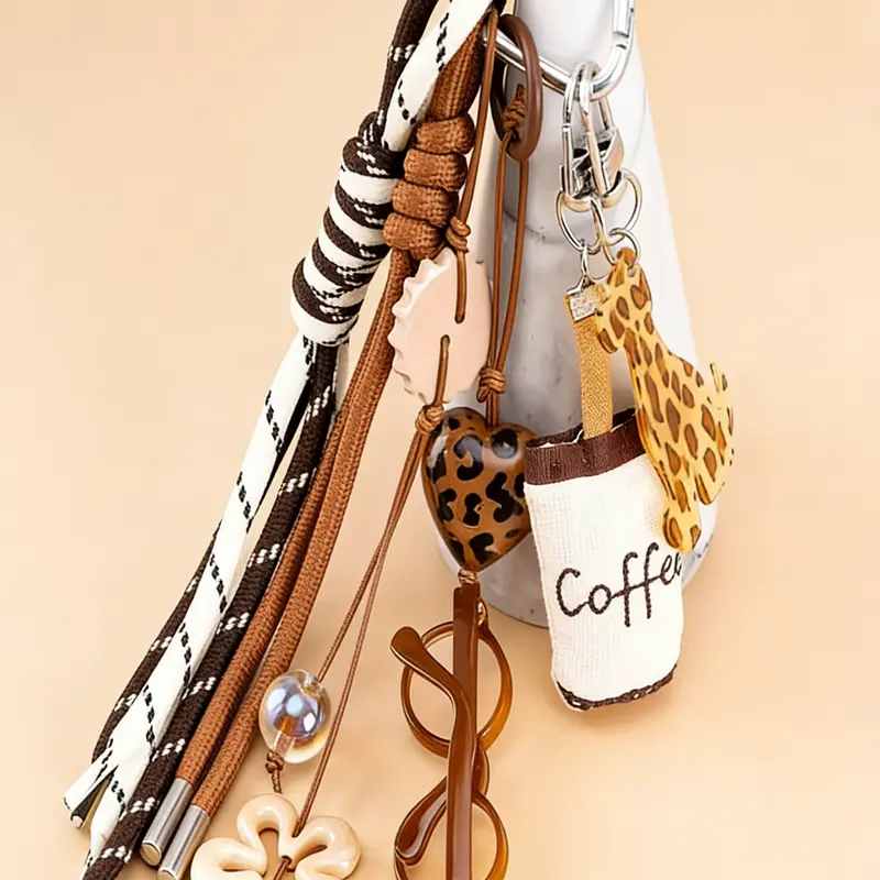 Coffee Brown Leopard Print Cute Key Bag Charm,Vintage And Artsy Sweet-Cool Style,Decorative Woven Ropes,Heart-Shaped Accessories,Tassel Hanging Ropes,Suitable For Key Storage,Bag Accessory,Perfect For Daily Commuting And Dates,Cute Bag Charms