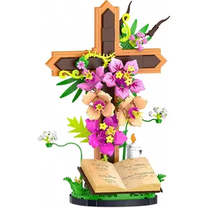 Jesus Cross Flower Building Set, Easter Religious Cross Collectibles, Compatible with Lego Jesus Catholic Building Toys, Easter, Christian, Gifts for Mothers, Women or Adults, Easter Basket Stuffers
