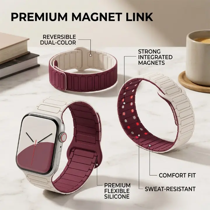 Magnetic Silicone Watch Band, Soft Adjustable Sport Strap with Strong Magnetic Closure, Waterproof Sweatproof Lightweight Replacement Wristband Compatible with Apple Watch Ultra 3/2 Series 11 10 9 8 7 6 5 SE