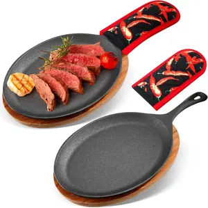 2 Sets Cast Iron Fajita Plate Set Fajita Plate Pan with Wooden Tray Anti Scald Protection Hot Mitt Cast Iron Skillet Set for Home Barbecue Kitchen Party Restaurant Catering Service