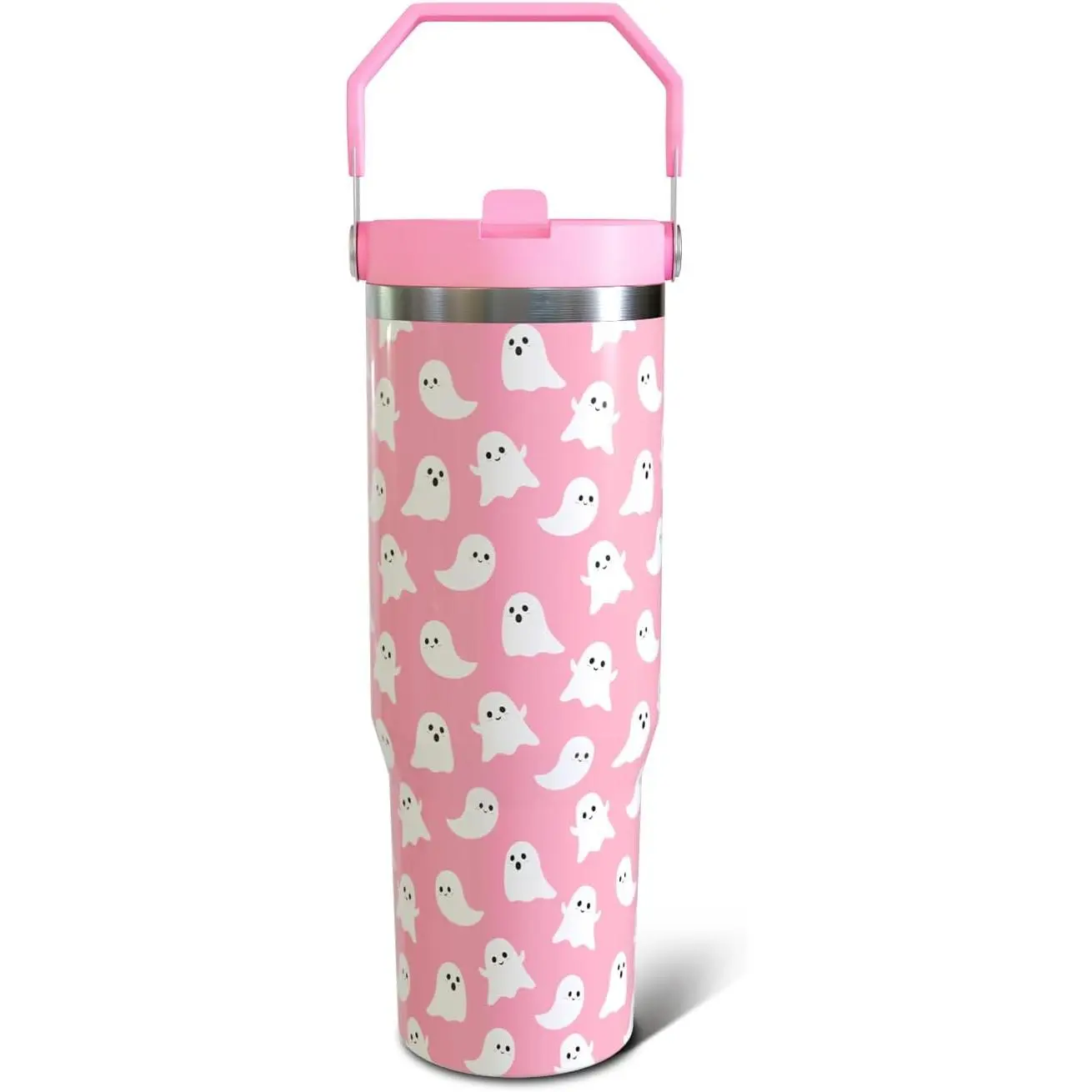 30oz Halloween Ghosts Stainless Steel Thermal Insulated Tumbler Mug - Portable Gothic Aesthetic Kitchenware Drinkware, Top Handle, Flip Straw, Lid, Coffee Water Bottle for Women Indoor Birthday Gifts