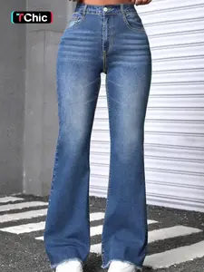 Men's Slim-Fit Denim Jeans, Blue Bell-Bottom Pants, Casual All-Season Wear, Plain Pattern, Pockets, Comfort & Style