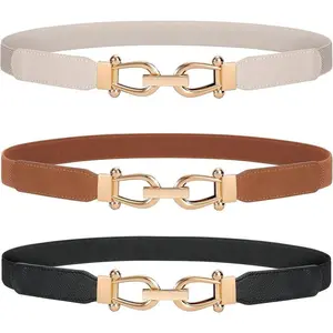 Women Stretchy Waist Belt Retro Elastic Skinny Belt for Ladies with Gold Buckle