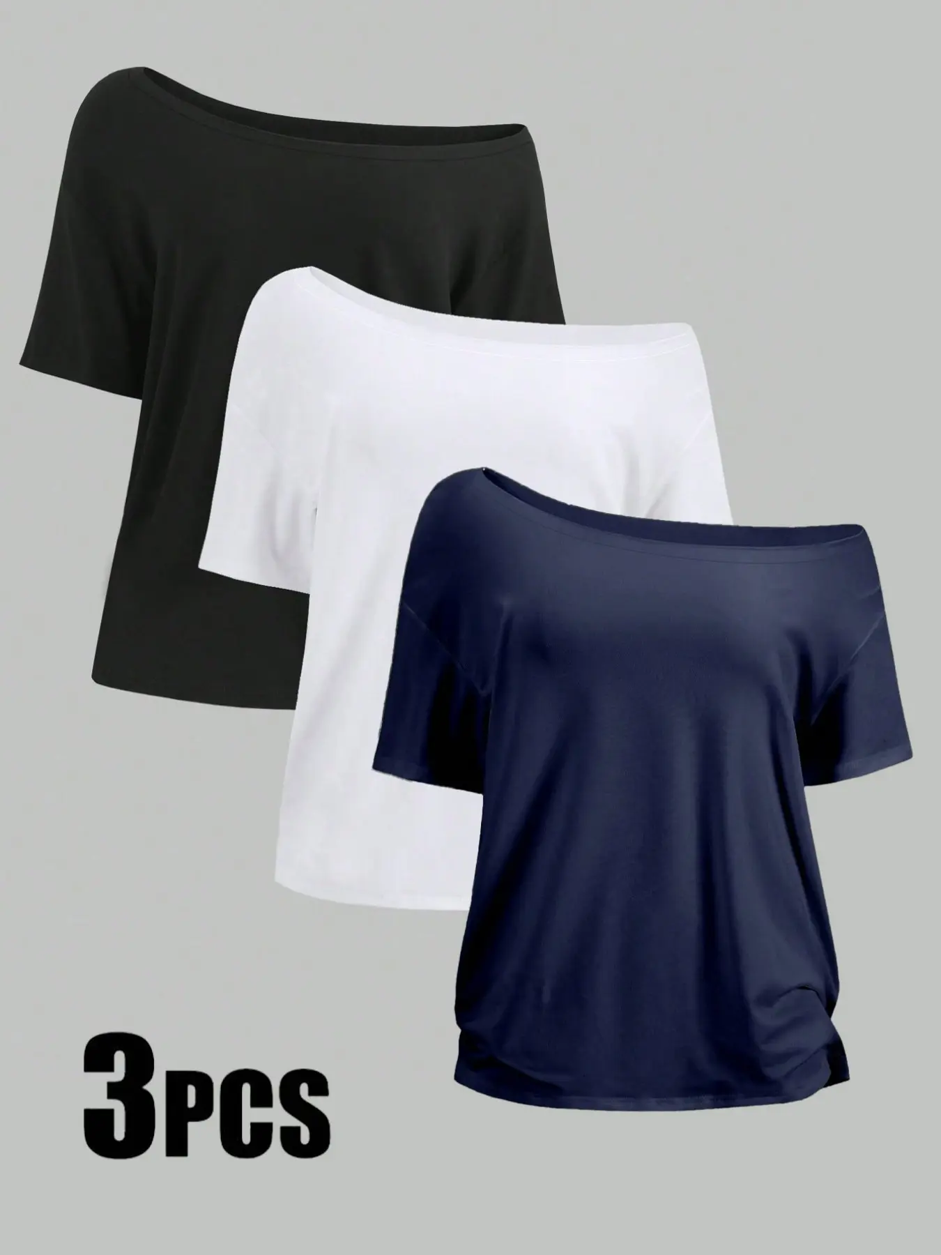 Women's Casual Commute Loose Fit Shoulder Basic T-Shirt 3-Pack, Solid Color Comfortable Large Neckline, Breathable Soft, Trendy Spring Summer Top