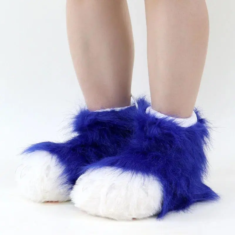 Plush Furry Animal Paw Footwear - Cute Casual Blue, Brown Fuzzy Claw Slippers & Boots for Cosplay Costume Accessories (Cat, Fox, Wolf, Bear Themes)