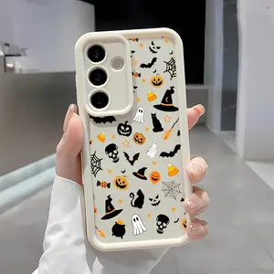 Halloween white ghost black cat Pattern TPU mobile phone case Suitable for Samsung Galaxy S25 S24 S23 S22 PLUS ULTRA FE camera full protector fashion high quality design fingerprint resistant gift anti drop durable
