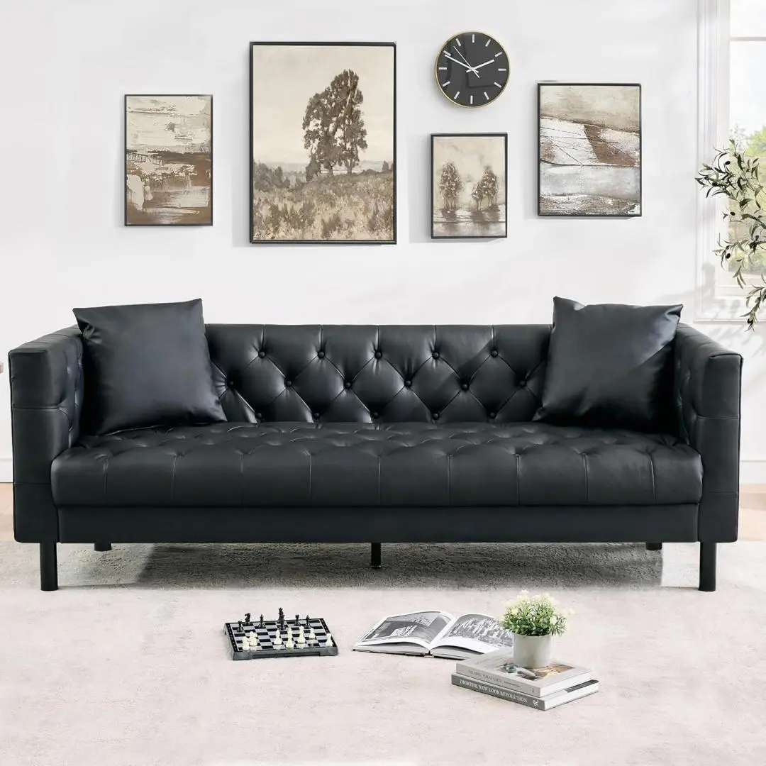 【Christmas Gift】Black Mid Century Modern Leather Sofa Chesterfield Style Deep Seats Includes 2 Pillows 3 Seater Button Tufted for Living Room Apartment Office