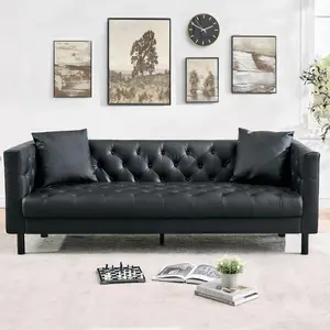 【Christmas Gift】Black Mid Century Modern Leather Sofa Chesterfield Style Deep Seats Includes 2 Pillows 3 Seater Button Tufted for Living Room Apartment Office