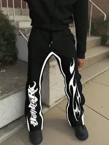 Men's Colorblock/Letter Print Drawstring Waist Flare Leg Pants, Regular Fit Street Casual Comfy Pocket Elastic Waist Bell Bottom Trousers for Spring & Fall, Men's Bottoms for Daily Wear Casual Streetwear Trousers