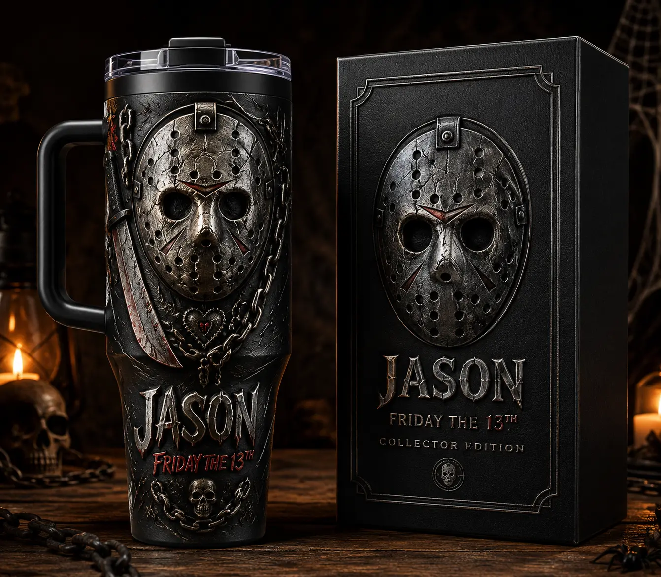 Jason Voorhees Friday the 13th 40oz Tumbler, Horror Collector Insulated Cup With Handle and Straw, Hockey Mask Slasher Graphic Stainless Steel Travel Mug, Halloween Horror Fan Gift