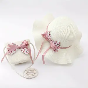 Girls Summer Straw Hat and Bag Set, Kids Beach Sun Hat with Matching Purse for Toddler Baby Girl