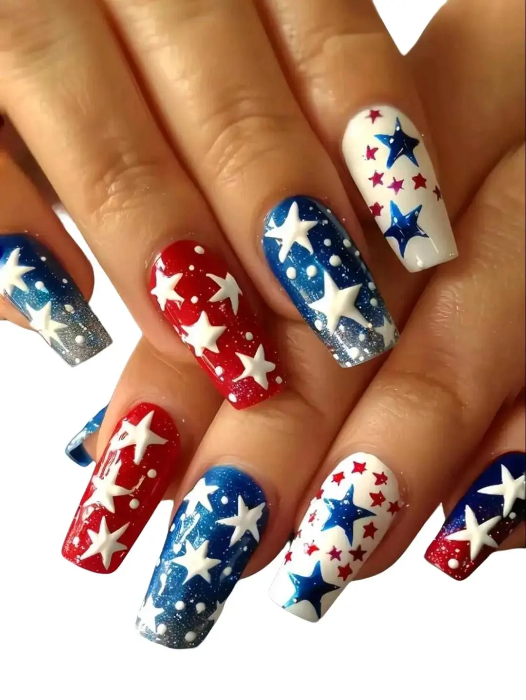 24Pcs Independence Day Press-On Nails | Patriotic Stars & Stripes Nail Set | Reusable Fake Nails