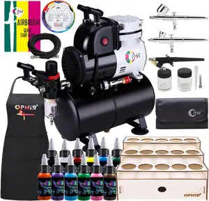 OPHIR Airbrush Kit, Air brush Kit with Air Compressor, Airbrush Compressor with 3x Air Brush, 3L Air Tank, 12 Colors Air brush Painting Set, Paint Holder for Model Painting, 2 Modes of Pressure