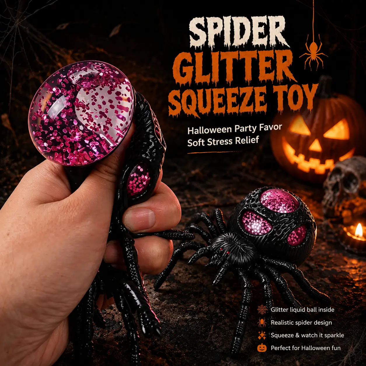Halloween Themed Spider Squishy Hand Play Toy, Shiny Decorative Flake Squeeze Spider Ball, Dark Tone Party Ornament for Holiday Layout & Trick Or Treat Small Gifts
