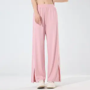 Women’s ice silk drapey wide-leg pants, high-waisted with side slits, sun-protective, lightweight breathable athletic casual pants for summer