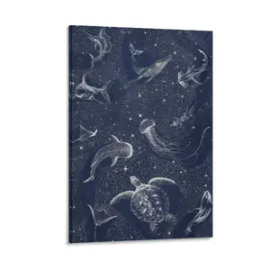 Shark Whale Turtle Cosmos Wooden Framed Artistic Canvas Painting Set,Wall Hanging Curtain Decor Bedroom Home Living Room Wall Art