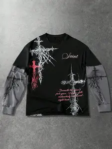 Men's Gothic Vintage Cross Print Faux Two-Piece Long Sleeve Streetwear T-Shirt, Comfortable and Stylish, Easy to Match Any, Must-Have Wardrobe Addition, Aesthetic