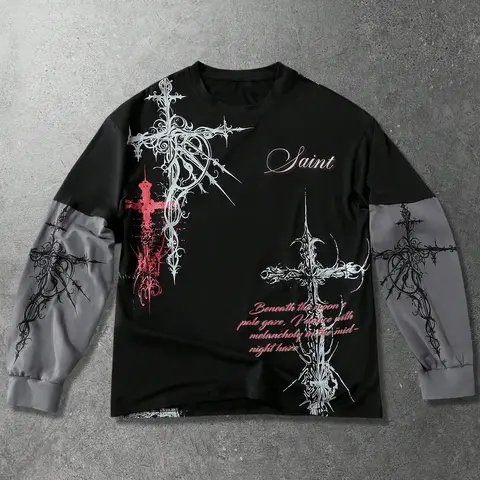 Men's Gothic Vintage Cross Print Faux Two-Piece Long Sleeve T-Shirt, Apparel T Shirt, Casual, Comfortable and Stylish, Easy to Match Any, Must-Have Wardrobe Addition