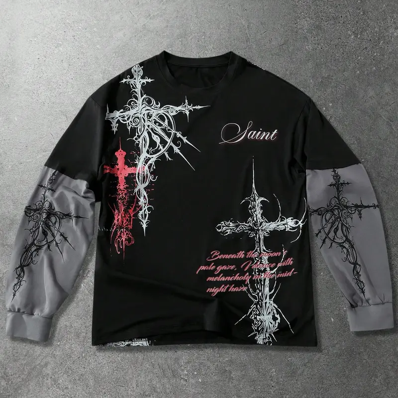 Men's Gothic Vintage Cross Print Faux Two-Piece Long Sleeve T-Shirt, Apparel T Shirt, Casual, Comfortable and Stylish, Easy to Match Any, Must-Have Wardrobe Addition