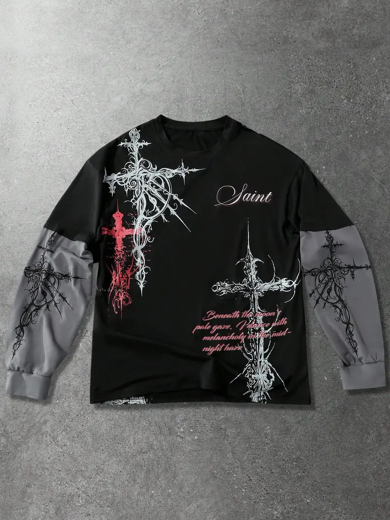 【BLACK】Thorn cross sweat shirt Men's Y2K Dark Aesthetic Saint Thorn Cross Zip Graphic Print