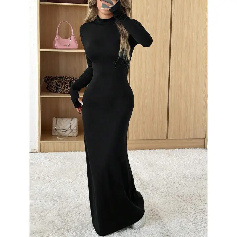 classy nail polish for black dress Off-Shoulder Long Sleeve Bodycon Maxi Dress – Blue Zone Planet main image 1