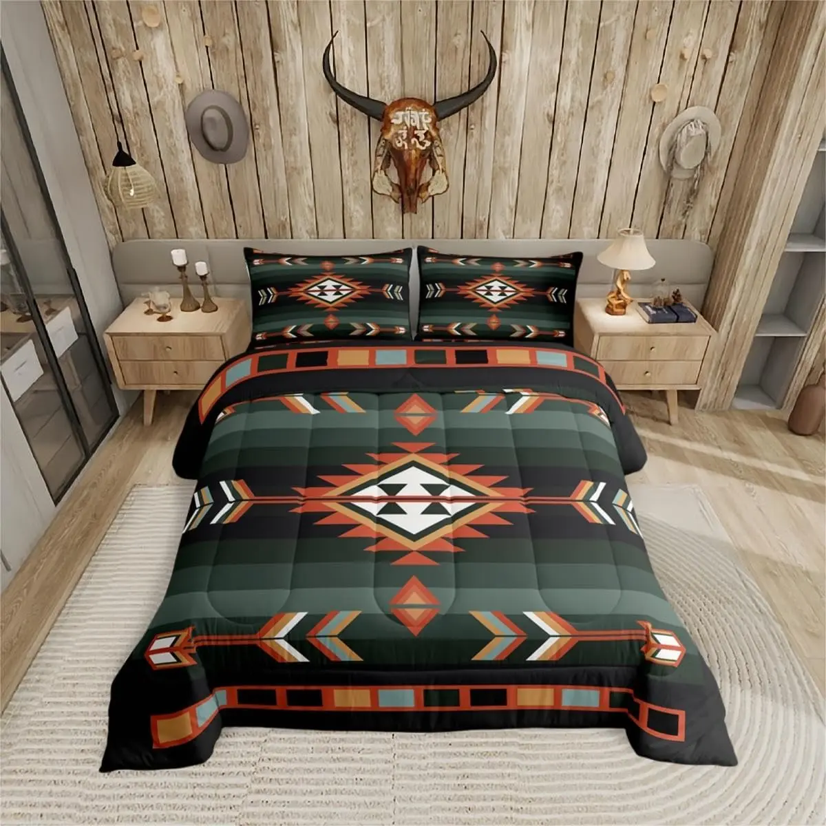 Feelyou Decorative Linen Bed Set - Southwestern Geometric Print Bedding Collection with Western Aztec, Boho Exotic Tribal, Rustic Farmhouse American Native Elements, Bohemian Quilt Set