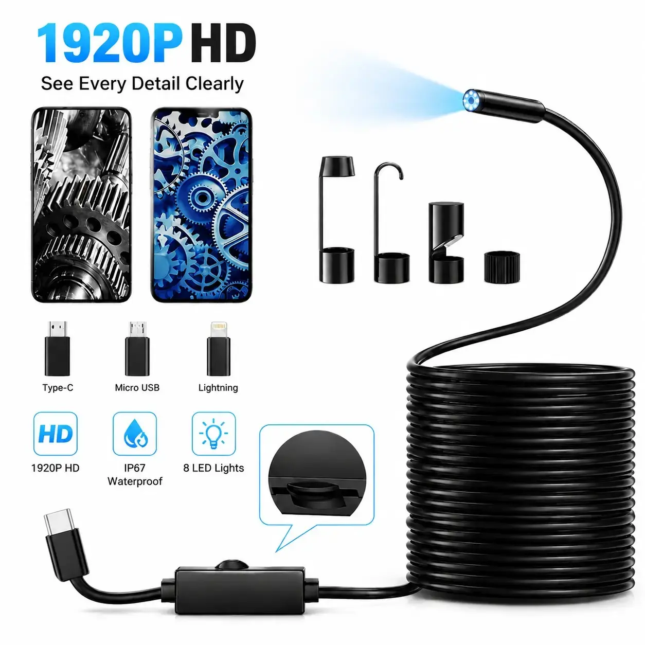 Automotive Borescope Inspection Camera for Engine Checks, HD Endoscope with 8 Adjustable LEDs & Semi-Rigid Cable