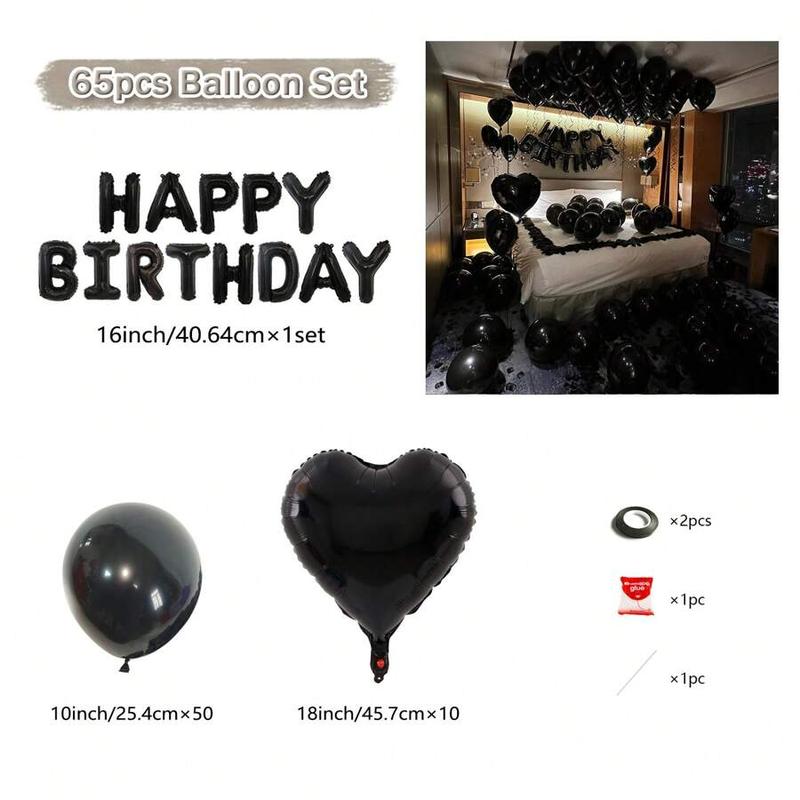 65pcs Black Theme Party Decoration Set with Latex Heart Banner Plastic Balloons Aluminum Foil Ball for Home Decor Photo Props Outdoor Gifts Happy Birthday Decor for Men Women