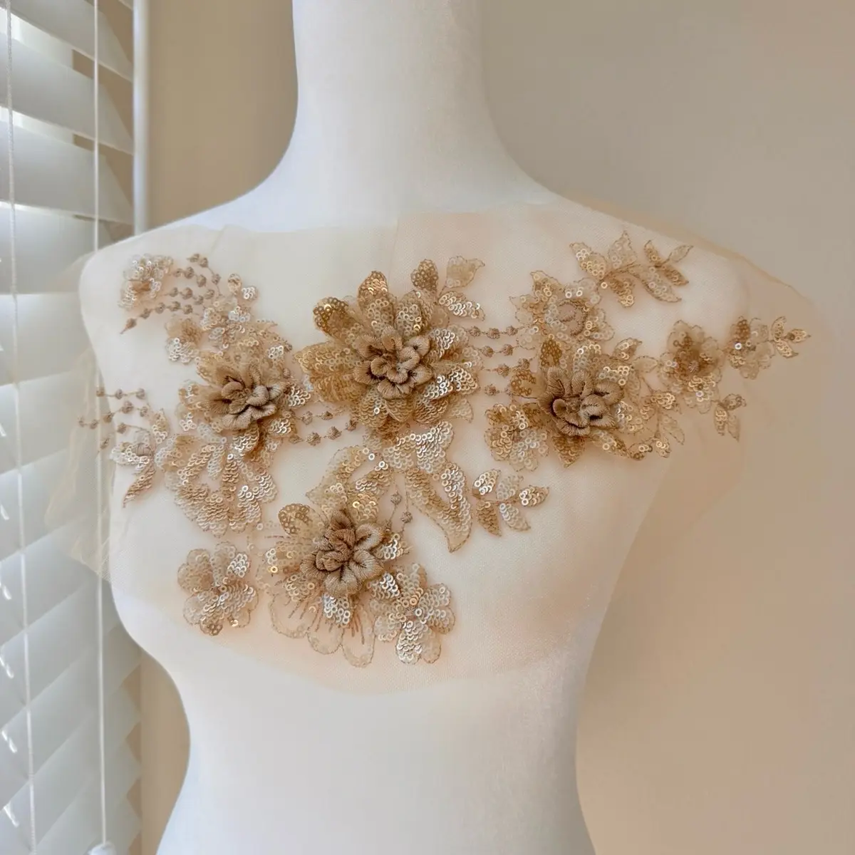 Gold Applique With Sequins, 3D Flowers 14.56" x 8.26" (37cm X 21cm) For Dance Costume, Ballet, Couture Gowns, Garments, Kids Dress Decore