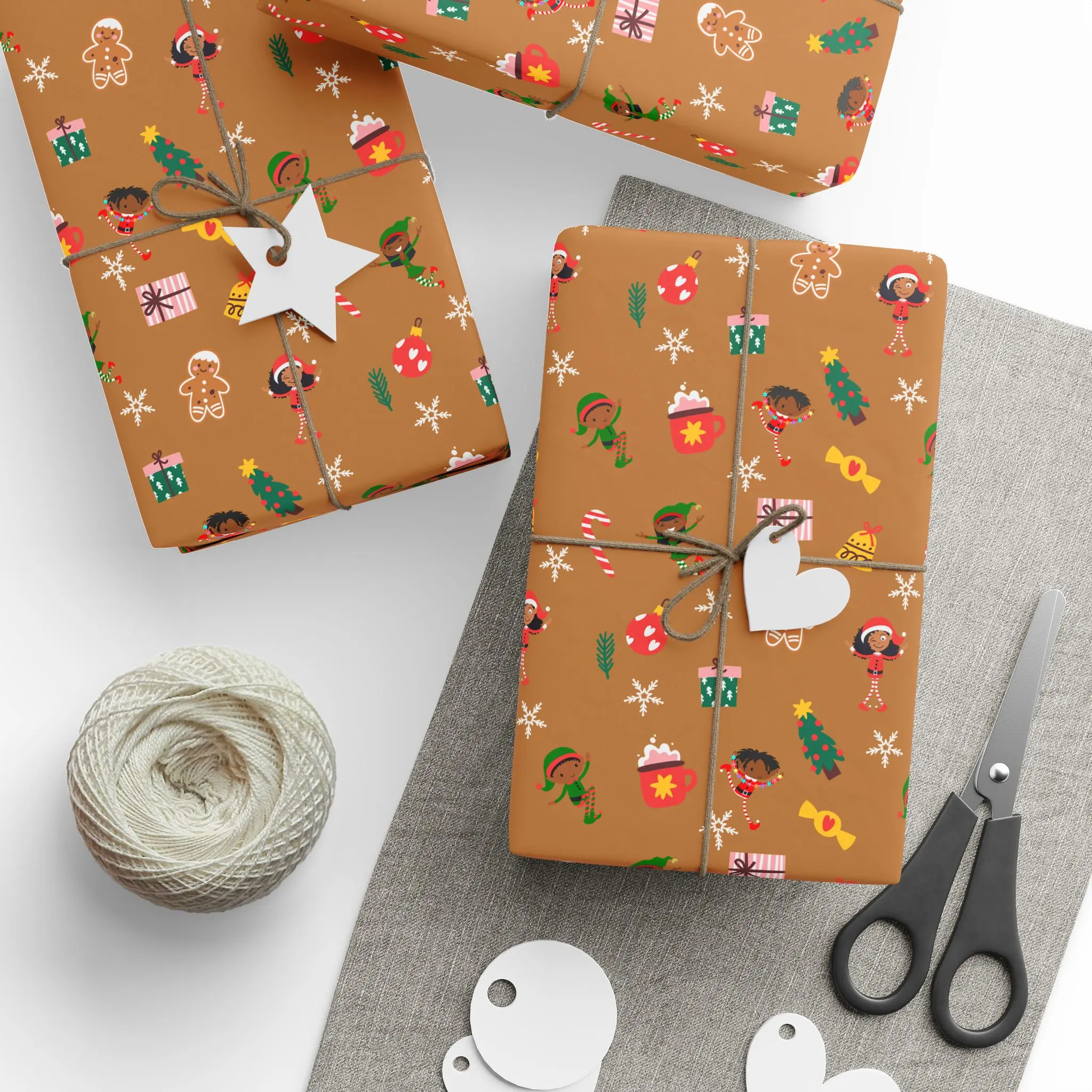 Santa’s Little Helpers Wrapping Paper - Holiday Gift Wrap for African American Families, Cute & Inclusive Designs for Kids, Light brown