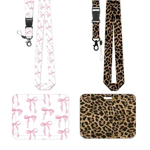 Cute Bow ID Lanyard Set, Detachable Office Card Holder, Leopard Print Dual-Sided, Teacher Nurse Staff Badge Case, Office Gift