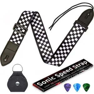 Guitar Strap,Acoustic Electric Guitar With Leather Pick Box and 3 PCS Picks Guitar Accessories,Available for All Guitars(Black White Grid)