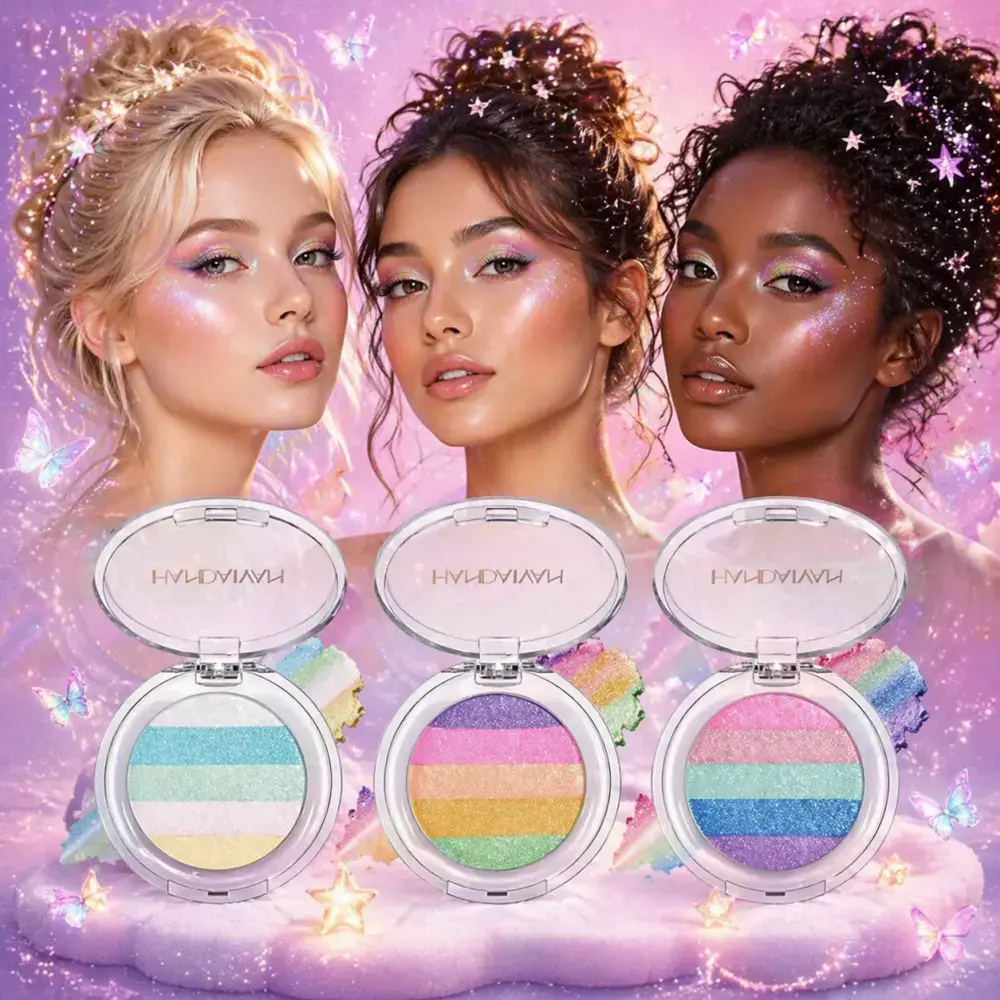 Rainbow Gradient Shimmer Highlighter Palette, Multicolor Pastel Glow Powder for Face & Body, Long Lasting Sparkle Makeup for Festival Party Cosplay Pride Rave Y2K