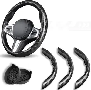 3 count Carbon Fiber Steering Wheel Cover, Steering Wheel Protector with Non-Slip Lining,Breathable Microfiber Universal for 14.5-15 inch,Black