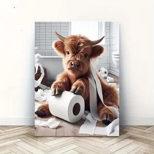 Wooden-Framed 2D Flat Canvas Artwork, Highland Cow Photo, 11.8x15.7 in Artistic Wall Print for Home Decoration, Suitable for Living Room & Bathroom, Ideal Gift for Home & Office
